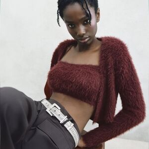 Zara Fuzzy Bandeau/Cami top and Shrug - maroon